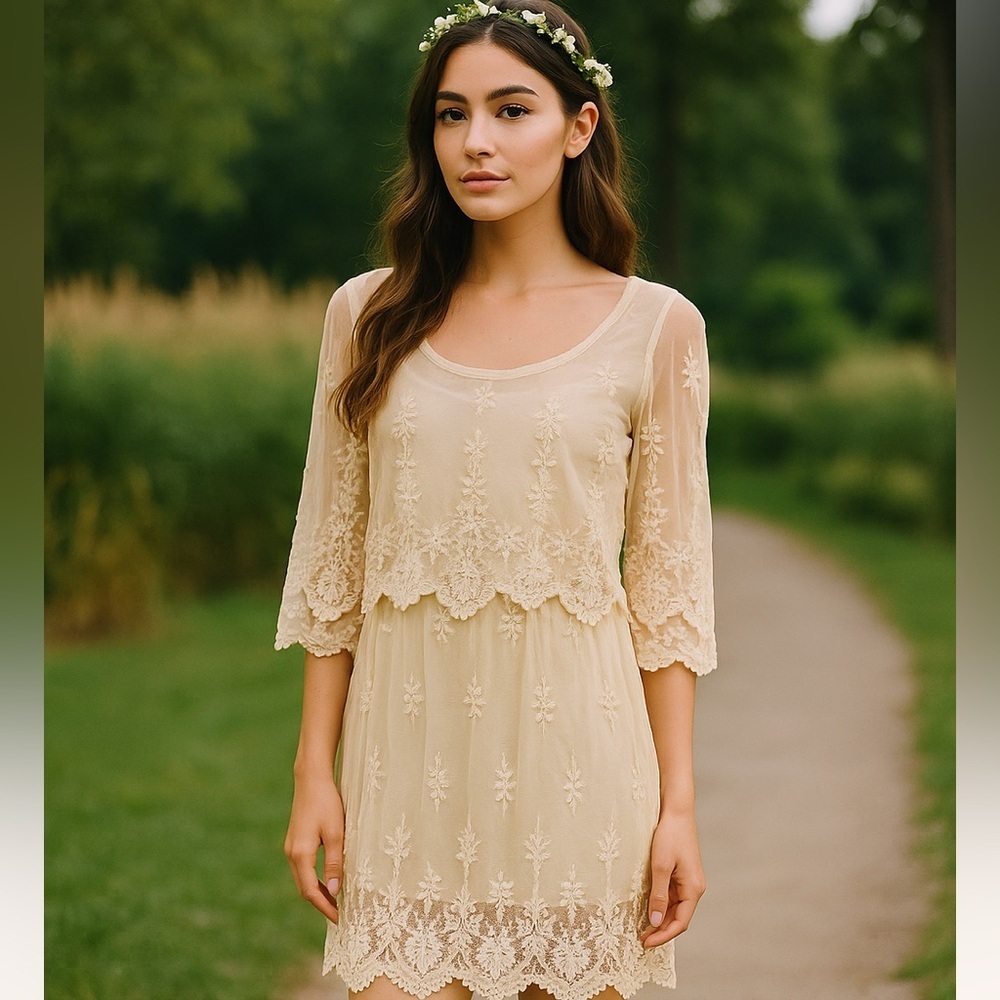 ZARA Boho Lace Long Sleeve Dress – Cream Ivory Sheer Floral – Size Small - Picture 3 of 7